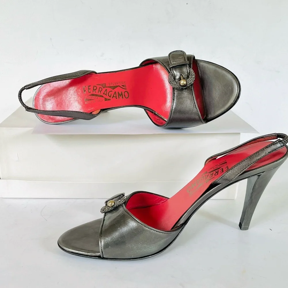 Ferragamo platinum metallic slingback sandals 8.5